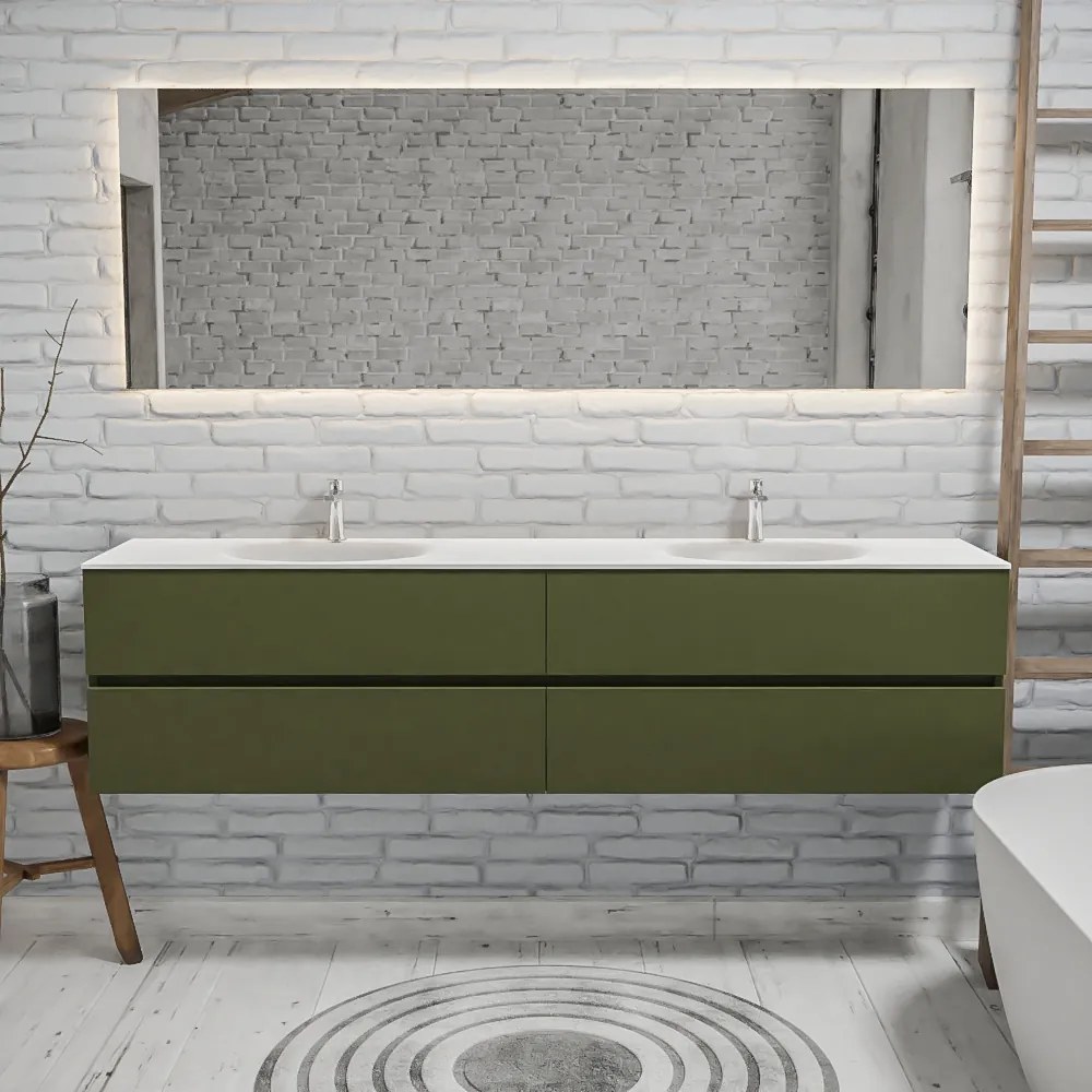 Zaro Sevilla Solid Surface badmeubel 200cm mat army groen 2 kraangaten dubbele spoelbak met 4 lades