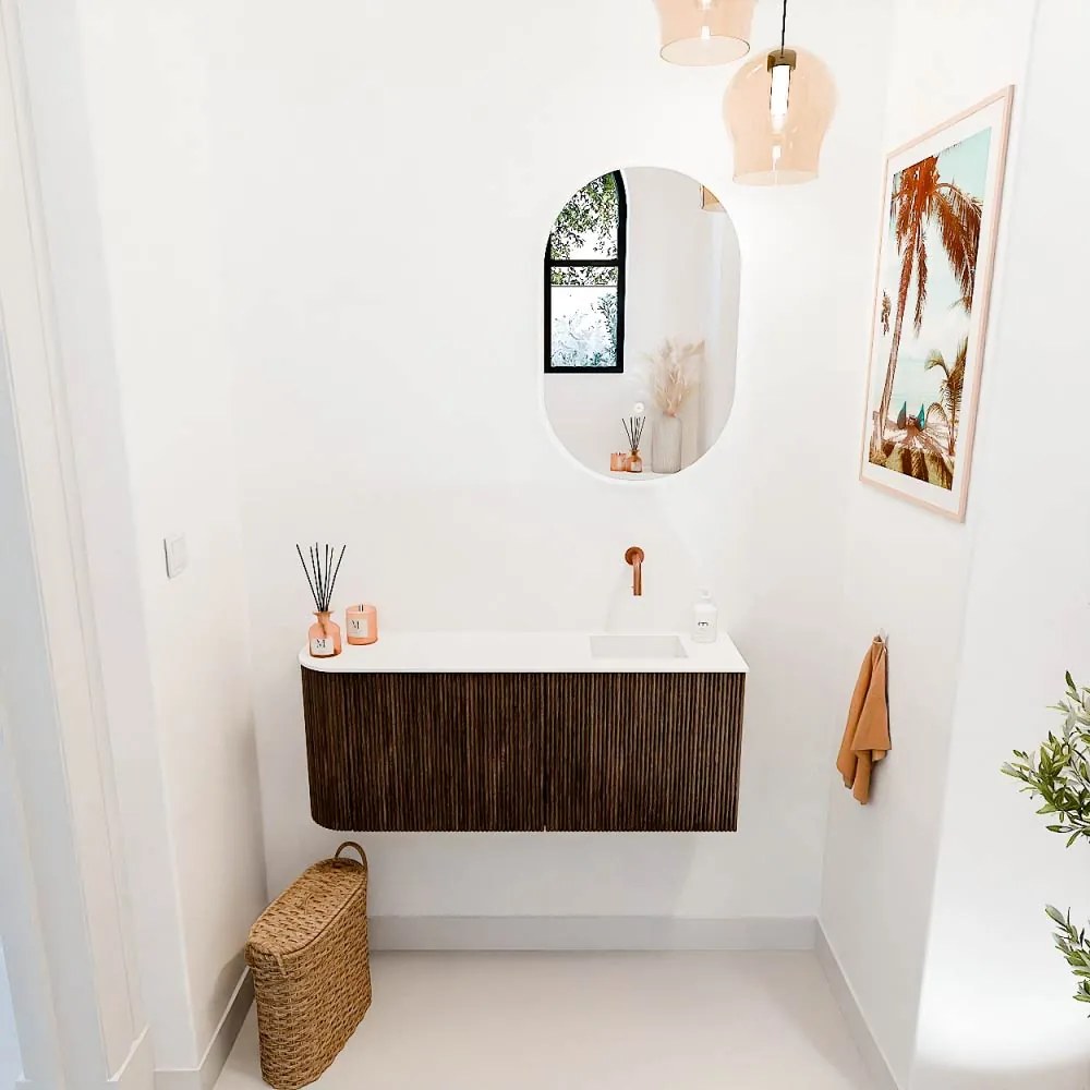 Mondiaz Joya 100cm toiletmeubel ronding links walnut met wastafel faye rechts zonder kraangat talc