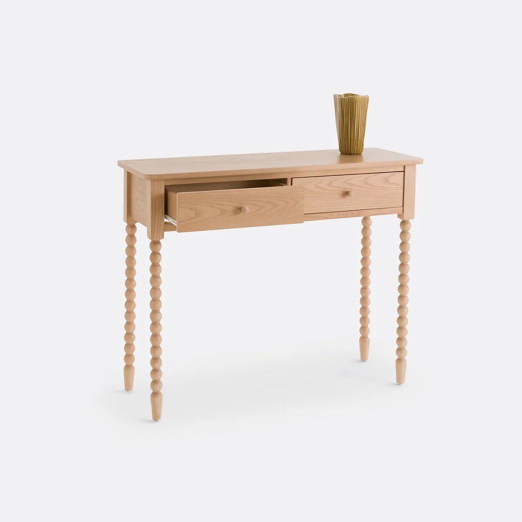 Wandtafel in essenhout, 2 lades, gedraaide poten, Anina