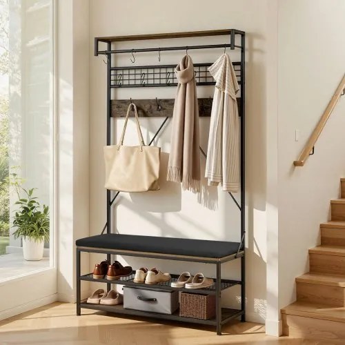 VEVOR halgarderobe 1015 x 400 x 1830 mm, kapstok met schoenenbankje en schoenenplank (2 niveaus), vrijstaande garderobe met metalen rooster en kledingstang, ideaal voor de hal of slaapkamer.