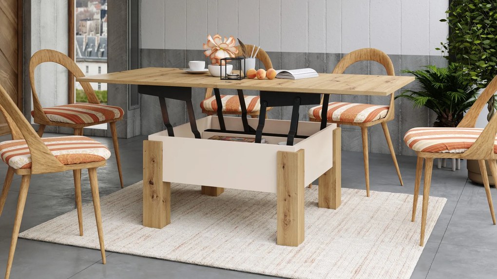 Mazzoni OSLO eiken artisan / beige, uitklapbare salontafel met in hoogte verstelbaar blad