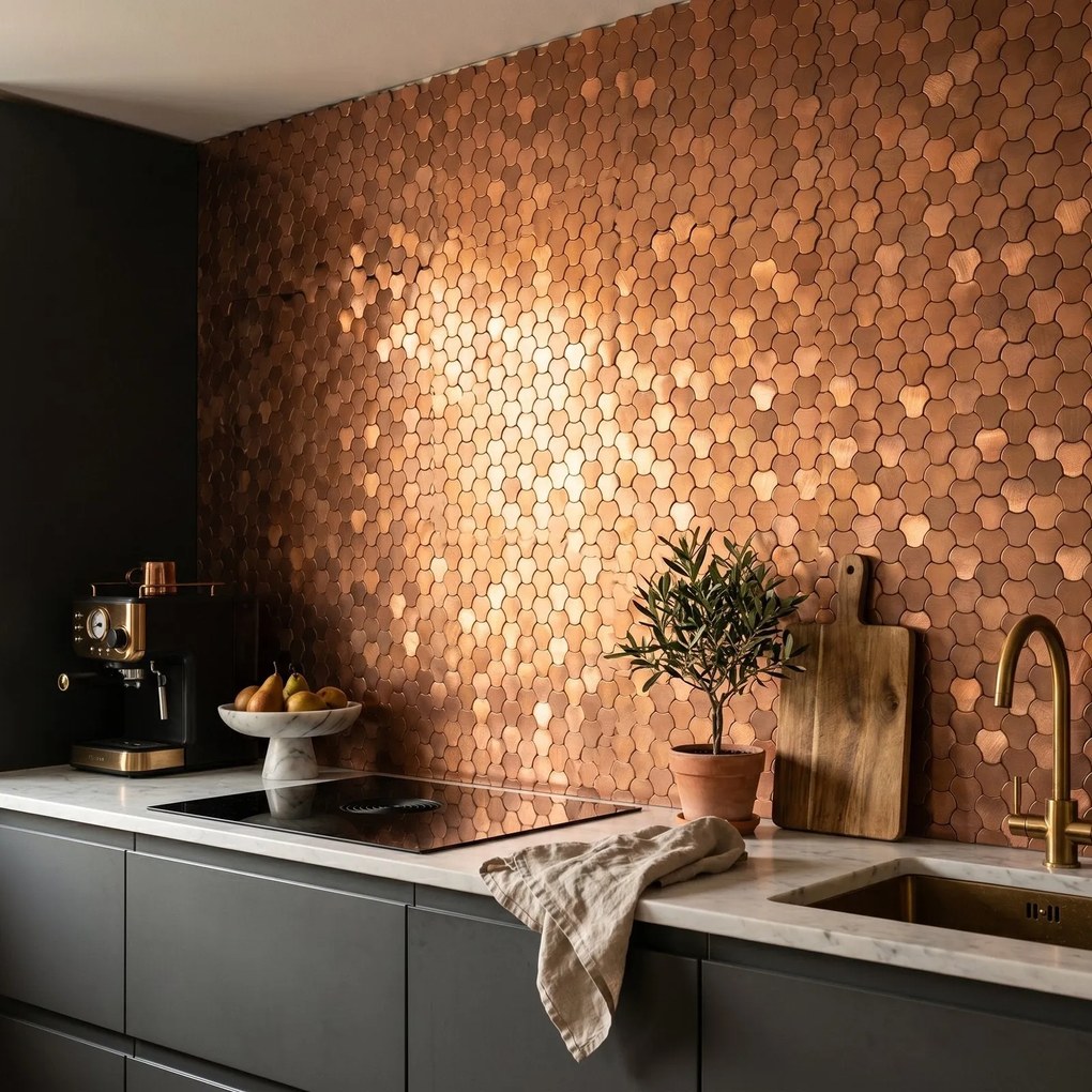 Zelfklevende Mozaïektegels Metaal | Driepas 3D Brons | 30,5×29,6 cm | Keuken, Bad & WC