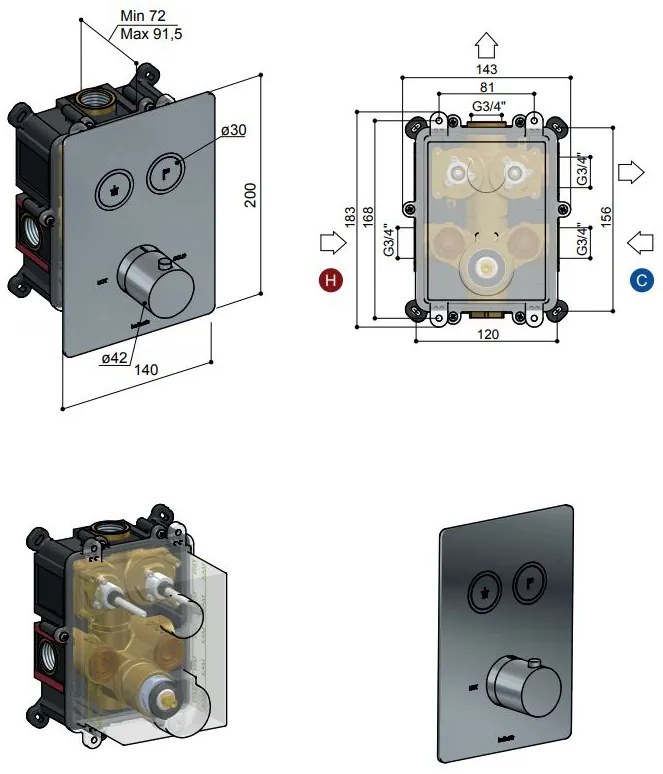 Hotbath Cobber Afbouwdeel thermostaat Rechthoek met 2 push buttons Wit Mat PB009Q