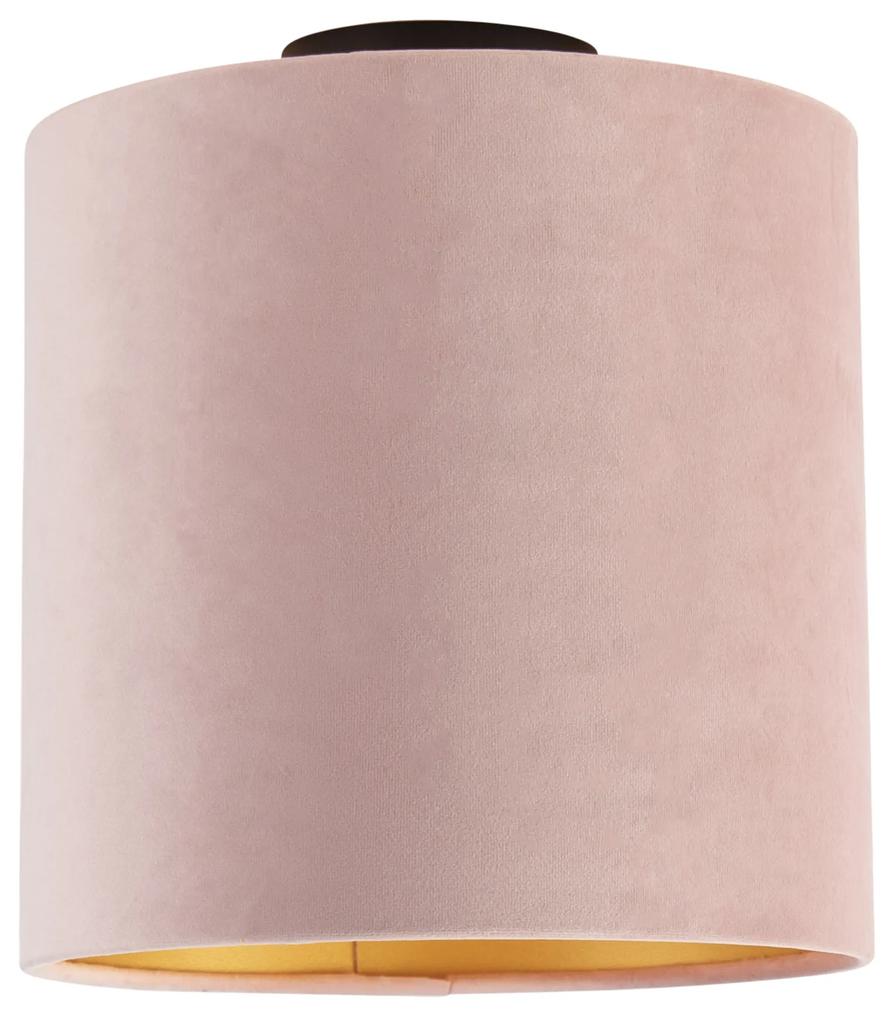Stoffen Plafondlamp met velours kap oud roze met goud 25 cm - Combi zwart Landelijk / Rustiek E27 rond Binnenverlichting Lamp
