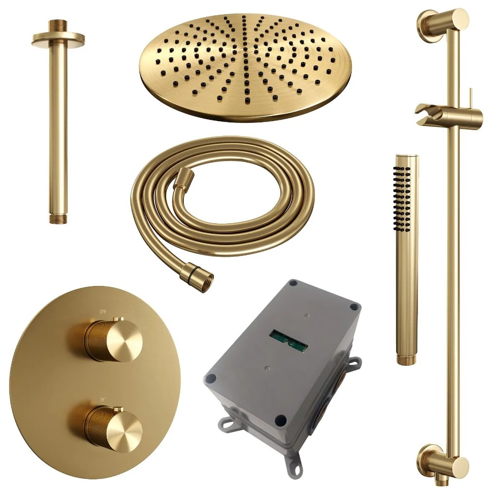 Brauer Gold Carving thermostatische inbouw regendouche met staafhanddouche, plafondarm, glijstang en hoofddouche 30cm set 90 messing geborsteld PVD