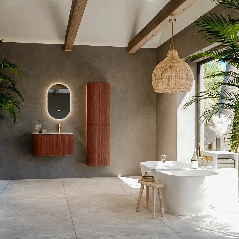 Mondiaz Kurve-dlux 75cm badmeubel ronding links ruby met 1 lade en deur en wastafel grunne kraangat rechts ostra