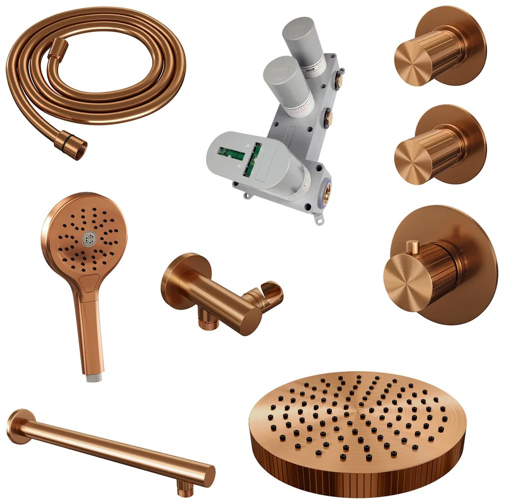 Brauer Stripe inbouw regendouche met 25cm hoofddouche, rechte muurarm en 3 standen handdouche set 4 koper geborsteld PVD