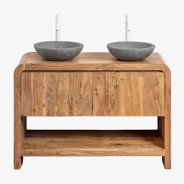Vacry Houten Badkamermeubelset Acacia Bruin & 2 X Ronde Grijze Cement Ø40 Cm Tarsis & Spiegelloze & ↔︎ 120 Cm & 2 X Wit ↑30 Cm Met Aftap - Sklum