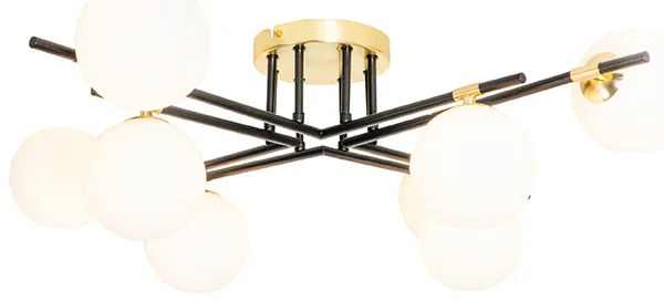 Plafondlamp zwart met goud en opaal glas 8-lichts - Lynn
