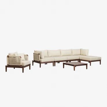 Tuinset Met 4-delige Modulaire Bank Met 2 Hoekfauteuils, Salontafel, Poef En Acaciahouten Fauteuil Giulia Donker Acaciabruin - Sklum