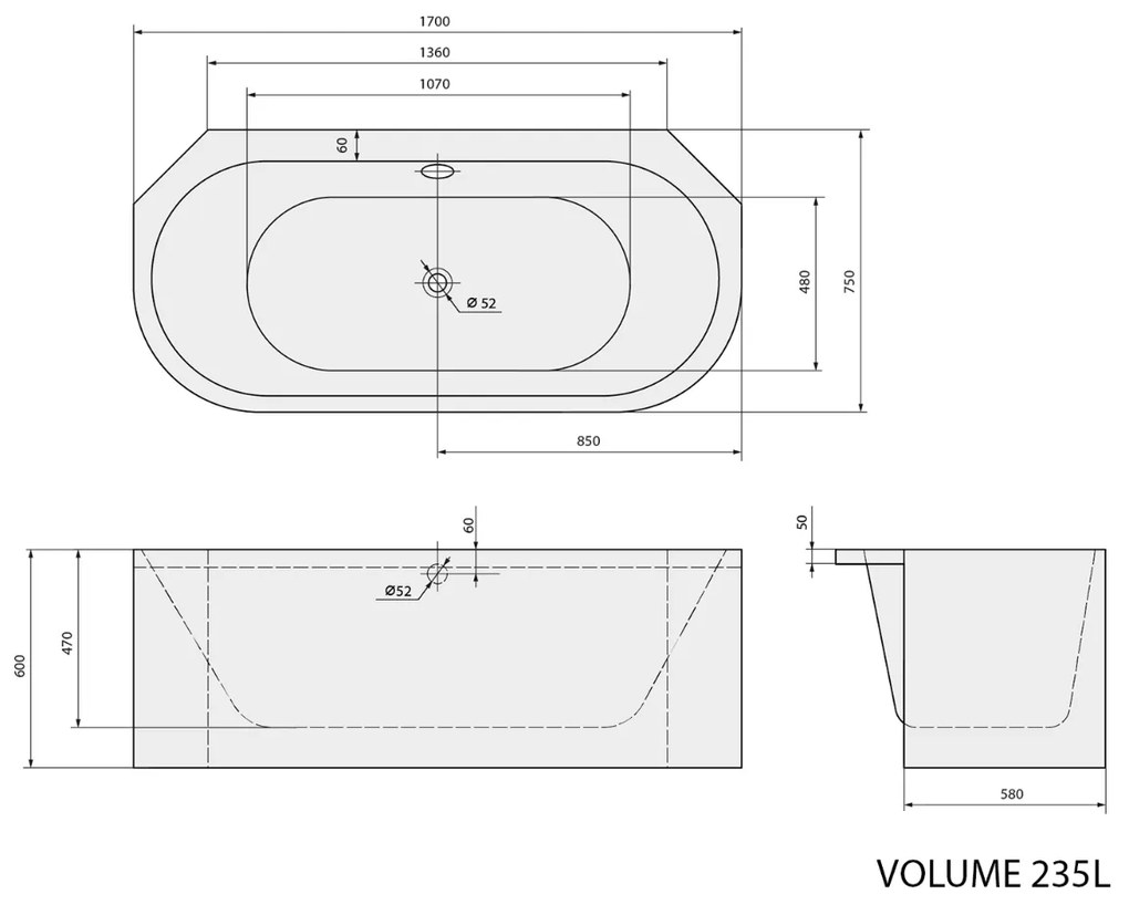 Polysan Viva Monolith hoekbad wit 170x75x60cm