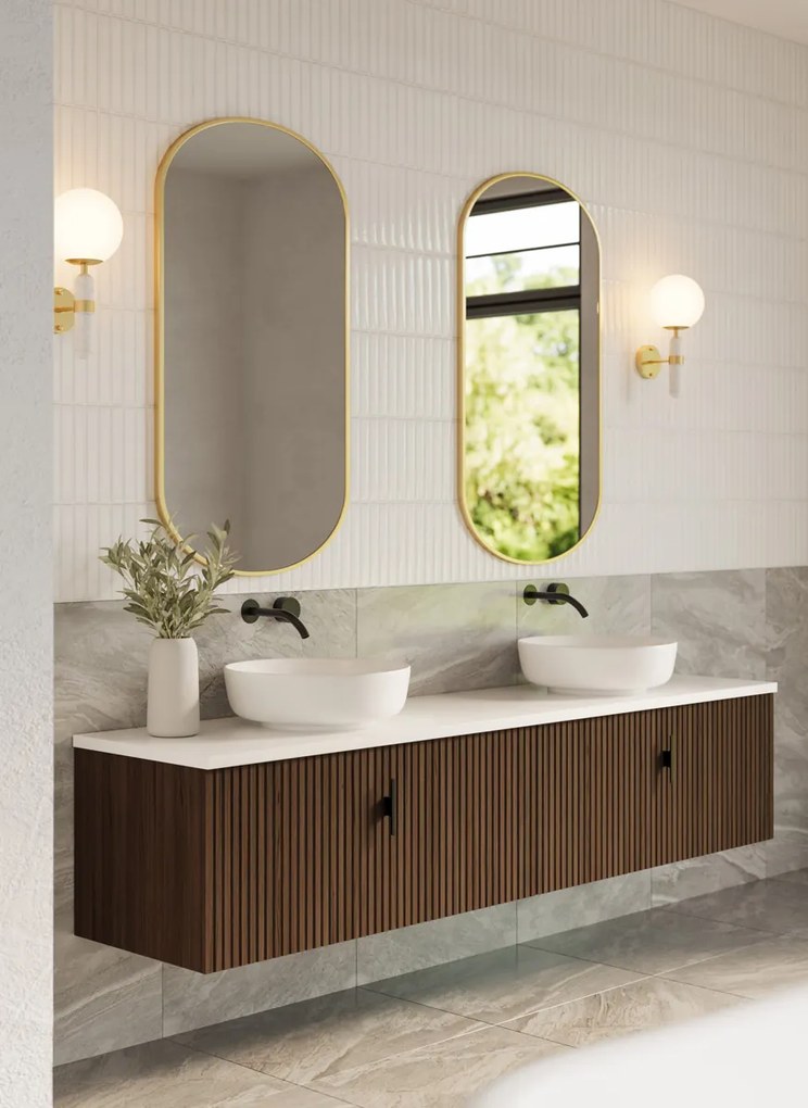 Muebles Ezra badmeubel ribbelfront 200cm walnoot met wit toppaneel en waskom