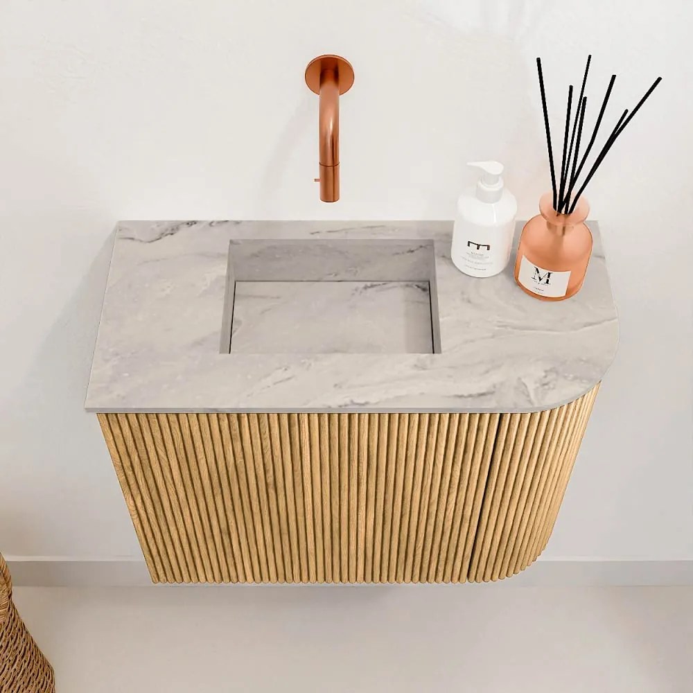 Mondiaz Joya DLux 50cm toiletmeubel ronding rechts oak met wastafel faye links zonder kraangat glace