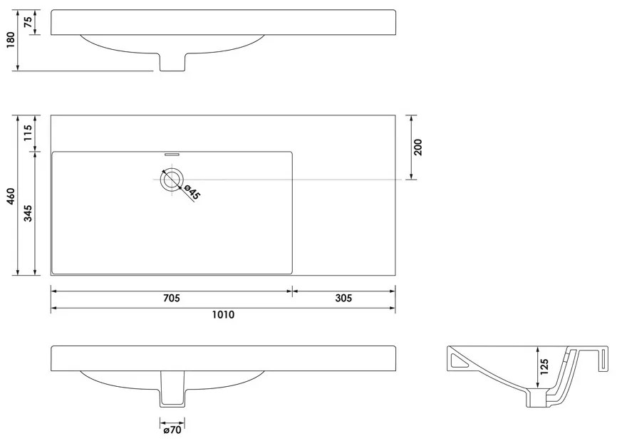 Brauer Aurora wastafel keramiek 100cm links met kraangat wit glans