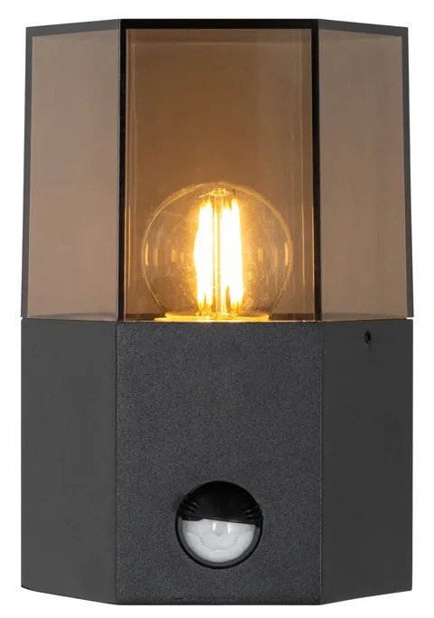Buiten wandlamp zwart met smoke glas zeshoek en bewegingssensor - Denmark