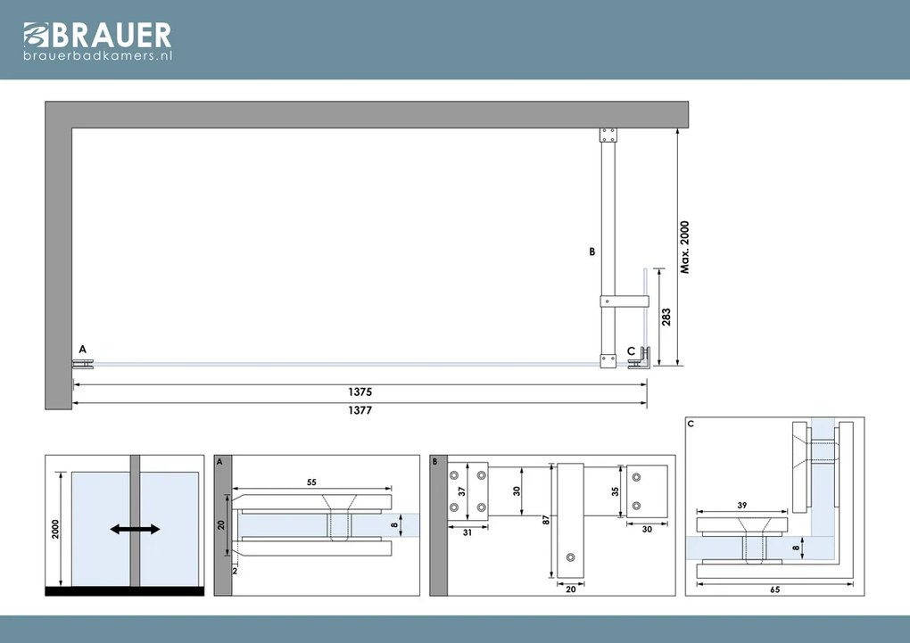 Brauer Void profielloze inloopdouche 140cm met 30cm zijwand zwart mat