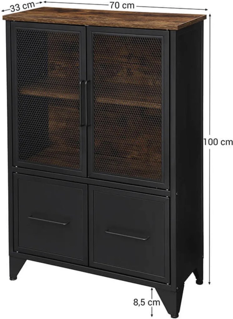 Nancy's Boston 2 Opbergkast - Commode Kasten - Boekenkast - Dressoir - Kast met 3 Planken - 4 Metalen Deuren - (75 x 33 x 80 cm)