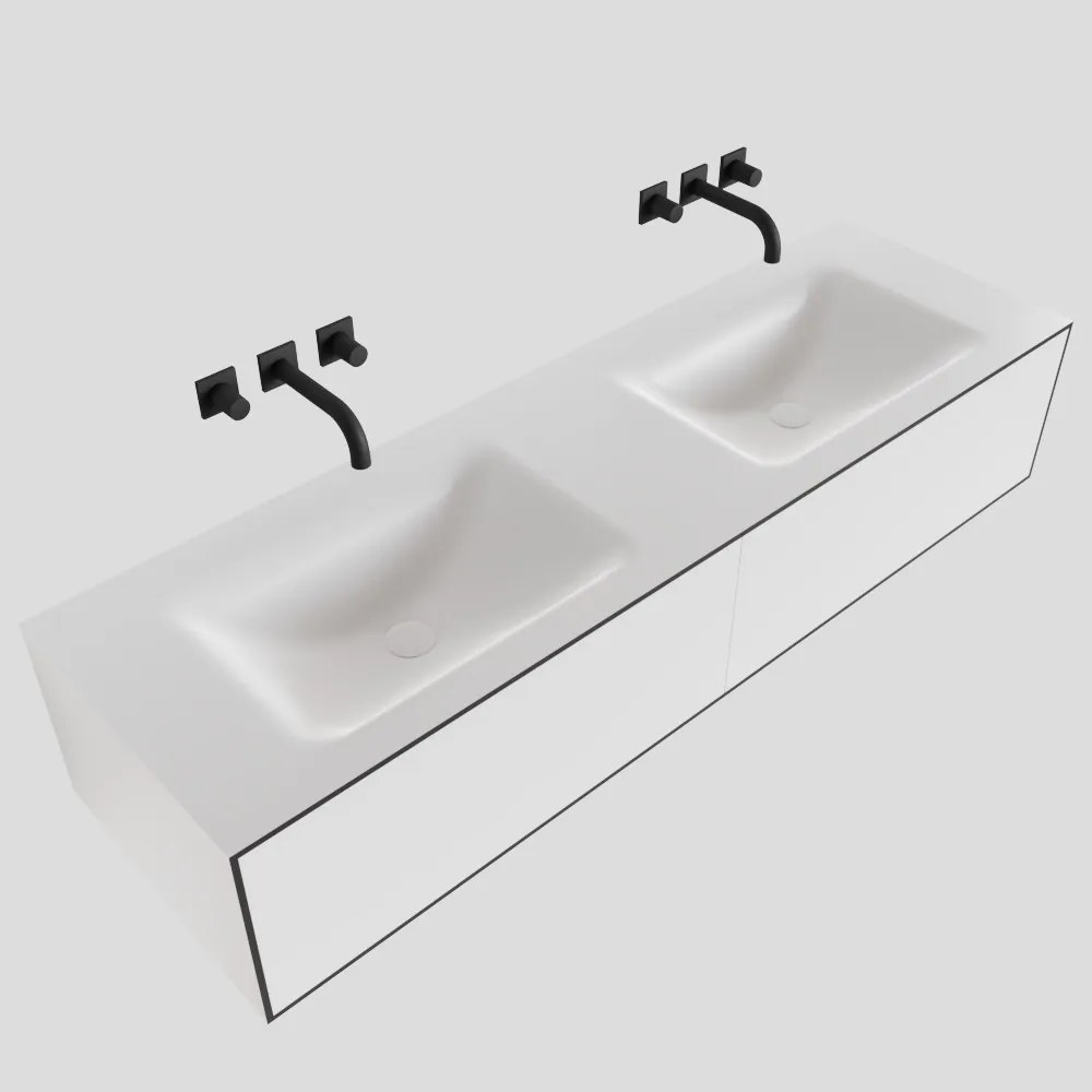 Zaro Lagom volledig naadloos solid surface onderkast 150cm mat zwart met 2 lades Push tot open. Compleet met solid surface wastafel met 0 kraangat(en)