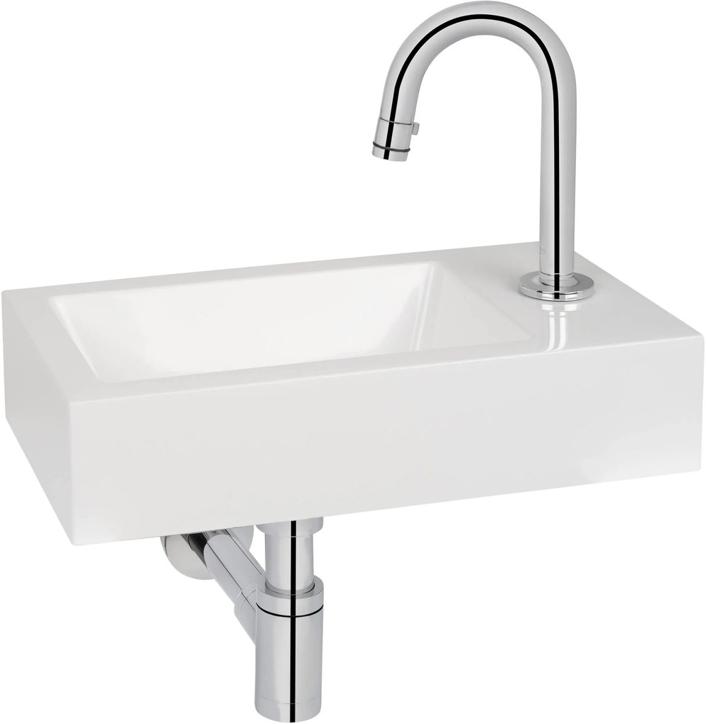 Saqu Square fonteinset met chromen kraan c-uitloop rechts wit mineraalmarmer