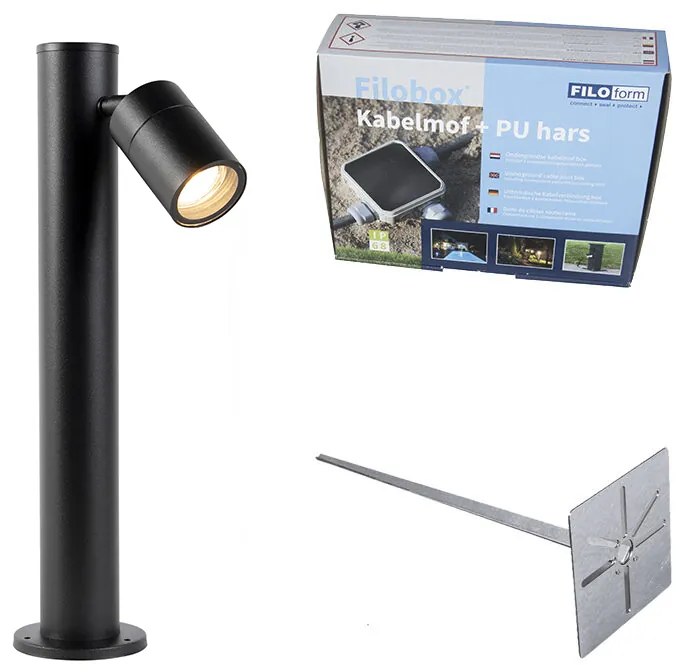 Buitenlamp zwart met grondpin en kabelmof 50cm IP44 - Solo