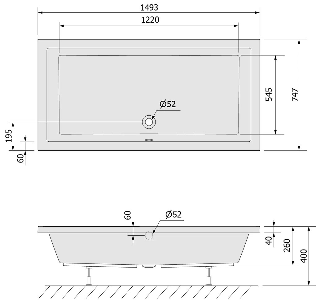 Polysan Deep rechthoekige douchebak met steun 150x75x26cm wit