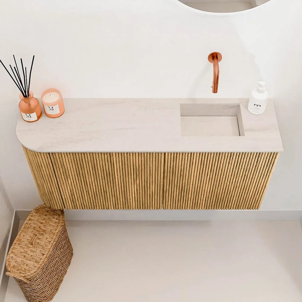 Mondiaz Joya DLux 90cm toiletmeubel ronding links oak met wastafel faye rechts zonder kraangat meli