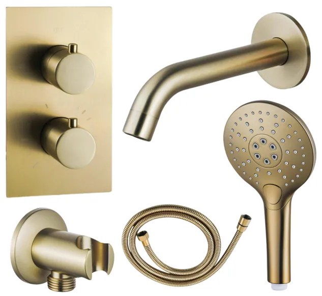 Fortifura Calvi Badkraan set - uitloop - 22cm inkortbaar - metalen slang - ronde handdouche - inbouwdeel - wandhouder - geborsteld messing SW720569/SW706206/SW721169/SW1122513/SW799449