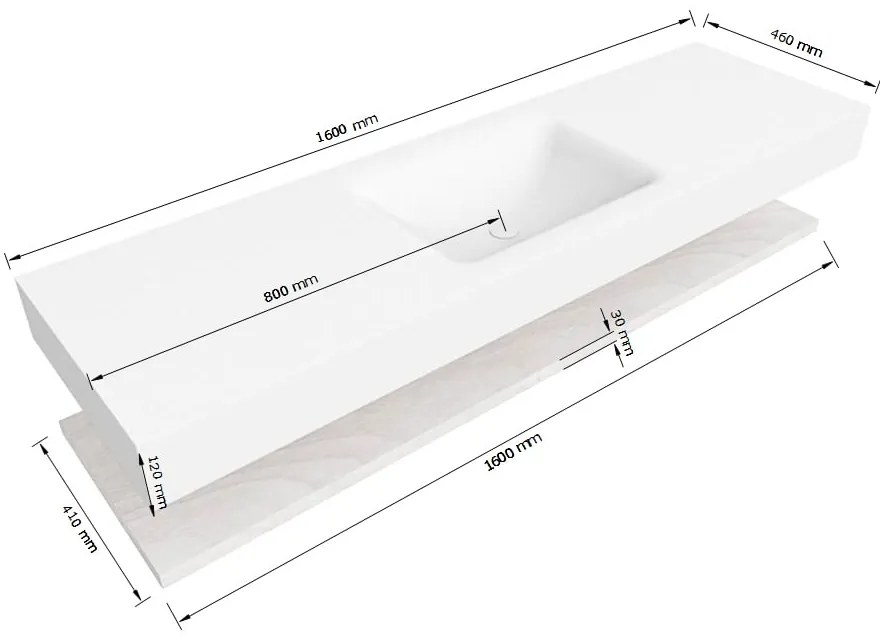 Zaro Alan badmeubel 160cm met planchet washed oak en vrijhangende wastafel cloud midden zonder kraangat talc