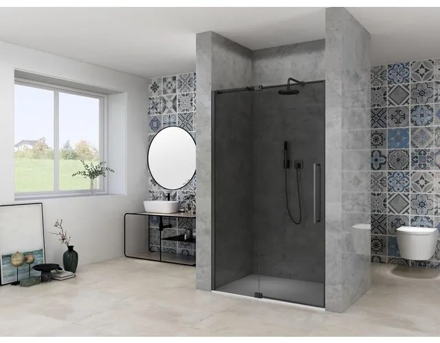 Van Rijn Products ST08 Nis Draaideur - 90x200cm - grijs rookglas - dikte 8mm - 2 delig - muurprofiel - stabilisatiestang - Zwart ST0830090GRZW