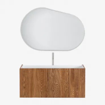 Badkamermeubelset In Hout Met Geïntegreerde Wastafel Fiore Donker Hout & Ovaal Led En Anticondens 120x80 Cm Meunier & Chroom ↑30 - Sklum