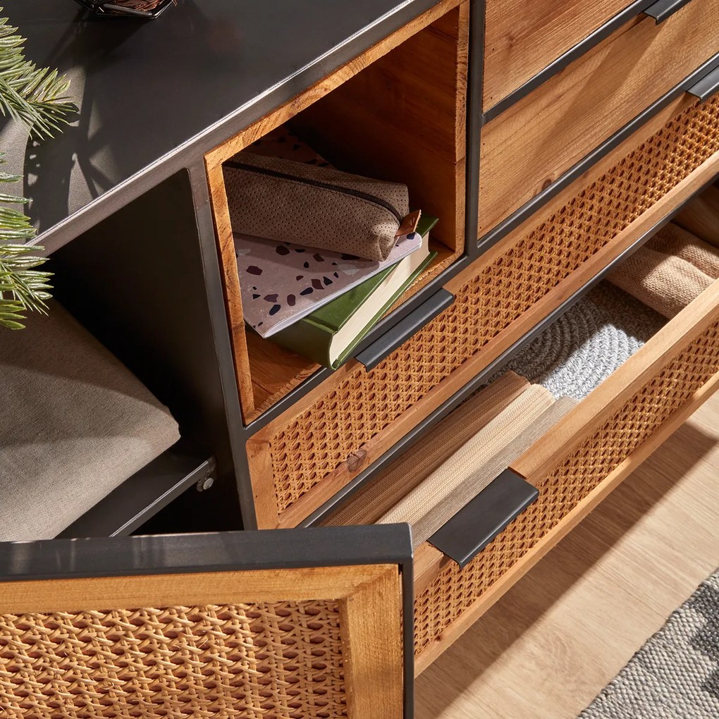 Kave Home Kyoko Rotan Webbing Dressoir Zwart Staal - 120x40x75cm.