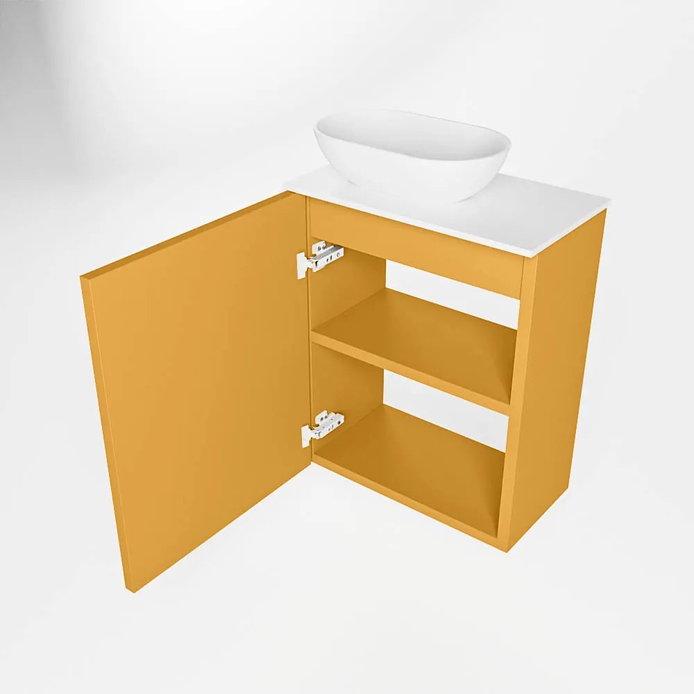 Mondiaz Fowy toiletmeubel 40cm ocher met witte waskom links en kraangat