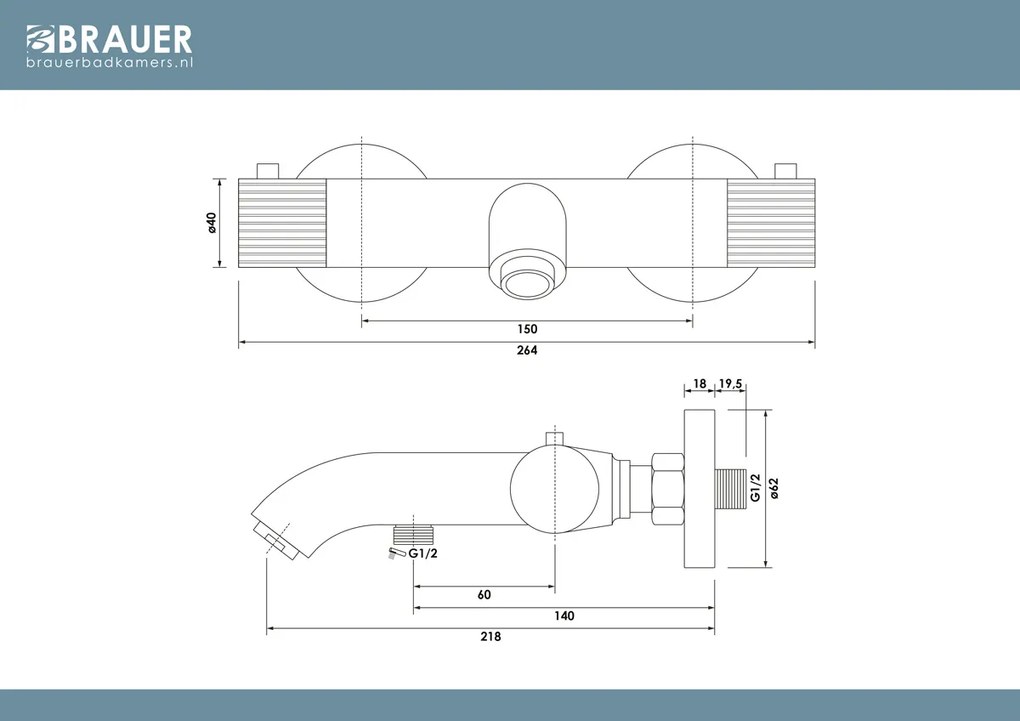 Brauer Stripe thermostatische badkraan met wandhouder en 3 standen handdouche RVS geborsteld PVD