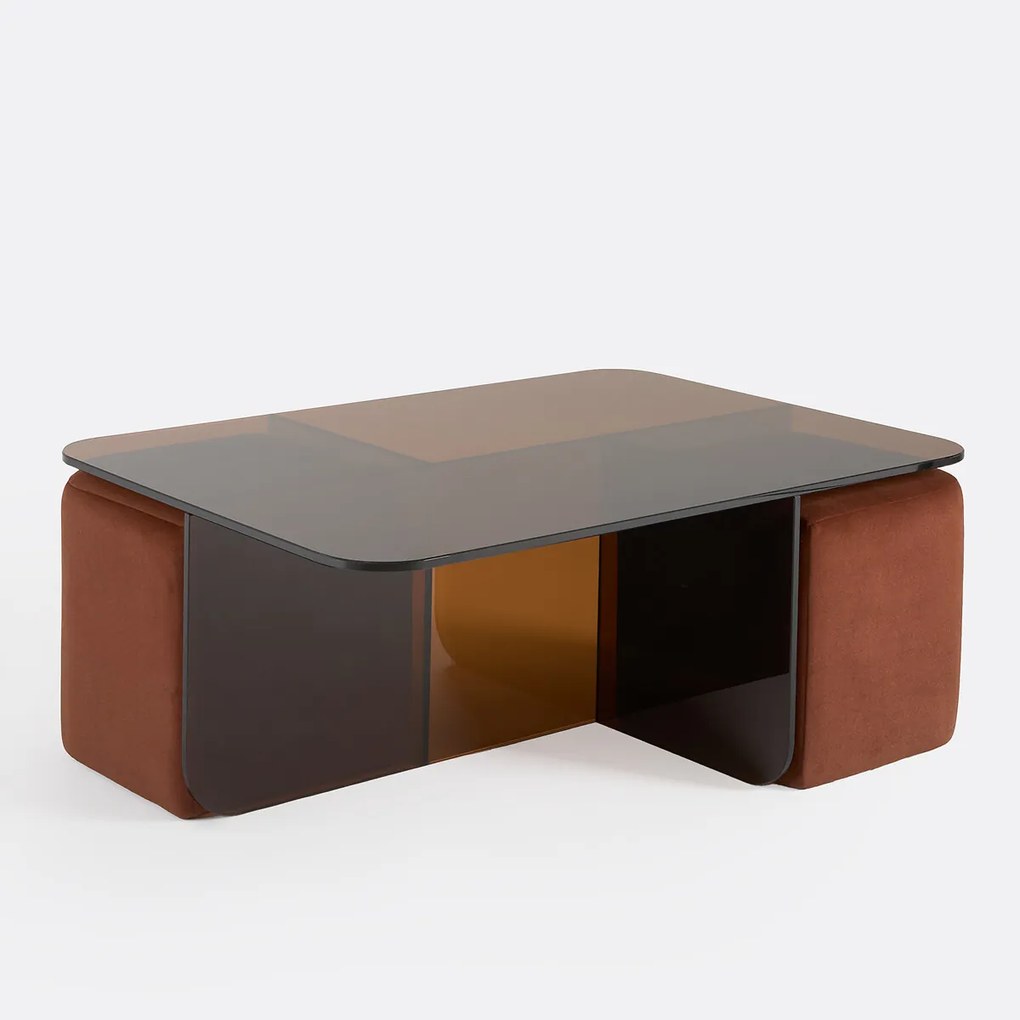 Amber gehard glazen salontafel met 2 stoffen poefs, DELLA