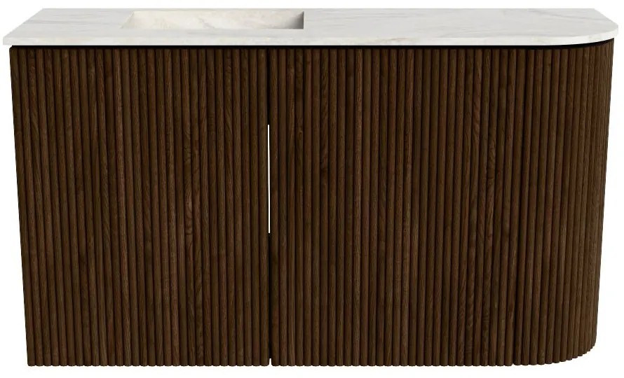 Mondiaz Joya DLux 70cm toiletmeubel ronding rechts walnut met wastafel faye links zonder kraangat ostra