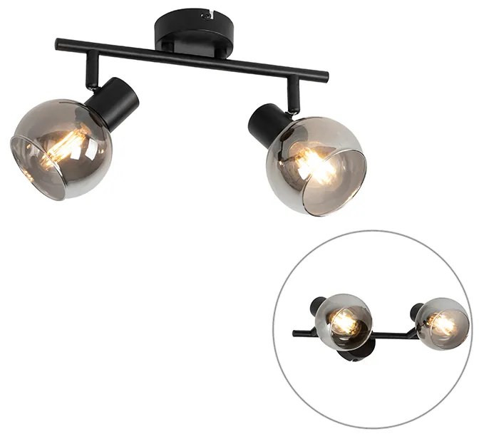 Art Deco plafondlamp zwart met smoke glas 2-lichts - Vidro