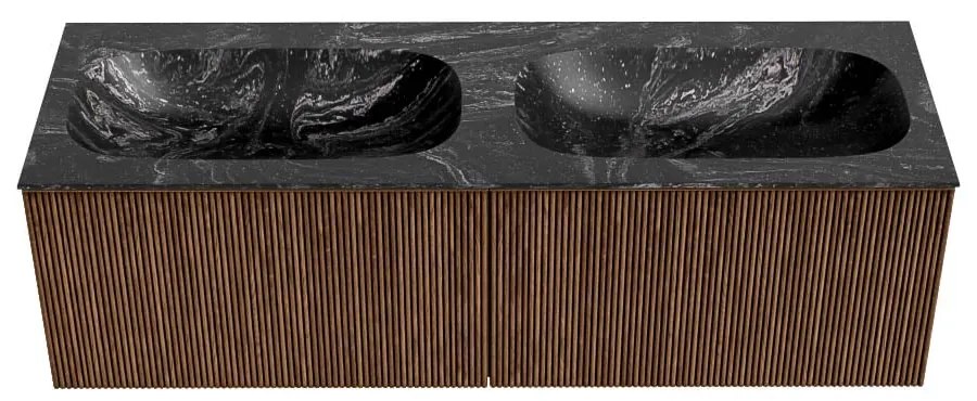 Mondiaz Kurve-dlux 140cm badmeubel walnut met 2 lades en wastafel stor small dubbel 2 kraangaten lava