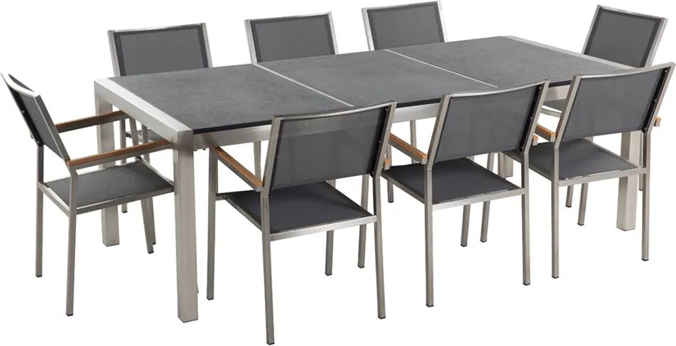 Tuinset gebrand graniet/RVS zwart driedelig tafelblad 220 x 100 cm met 8 stoelen grijs GROSSETO