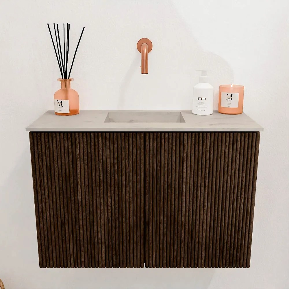 Mondiaz Joya DLux 60cm toiletmeubel walnut met wastafel faye midden zonder kraangat opalo