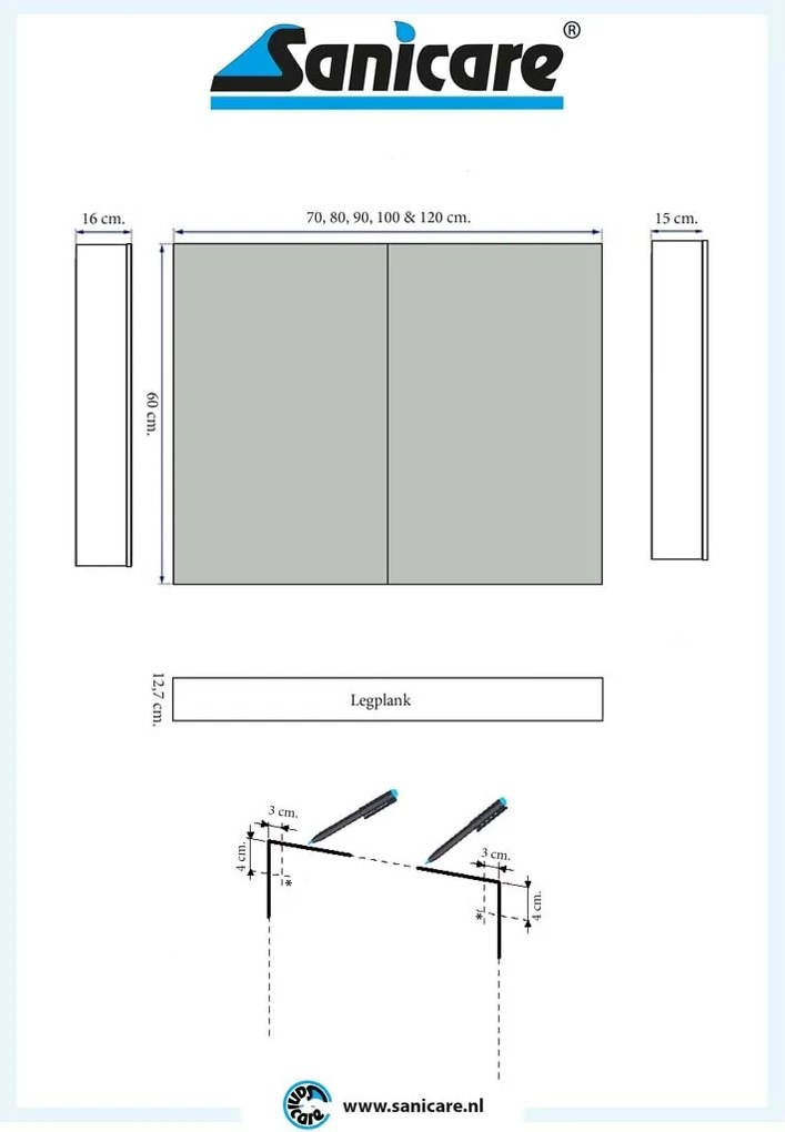 Sanicare Spiegelkast Qlassics Ambiance 120 cm. 2 dubbelzijdige spiegeldeuren schots eiken