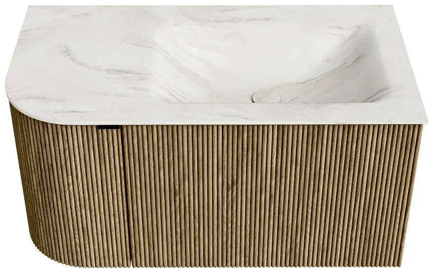 Mondiaz Kurve-dlux 85cm badmeubel ronding links dusk met 1 lade en deur en wastafel cloud kraangat rechts ostra