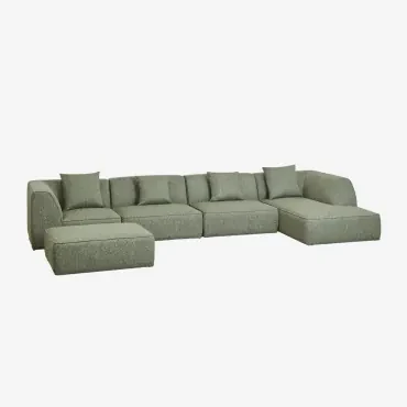 4-delige Chaise Longue Modulaire Bank Rechts Met Cardea Gestoffeerde Poef Bouclé Groen – Salie - Sklum