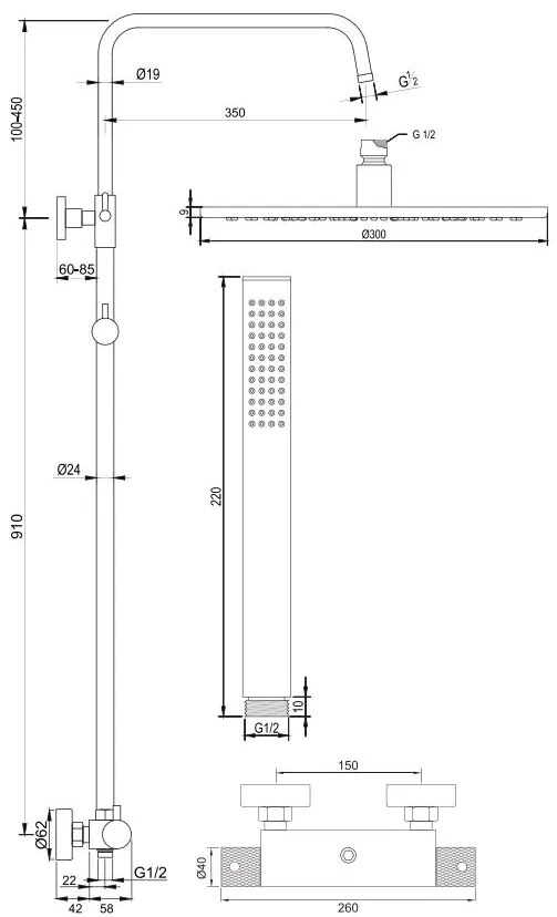 Brauer Gunmetal Carving opbouw regendouche met 30cm douchekop en staafhanddouche gunmetal geborsteld PVD