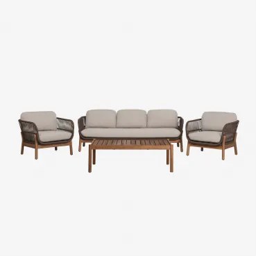 Tuinset Met 3-zitsbank, 2 Fauteuils En Salontafel Van Acaciahout En Gevlochten Karvia-touw Acacia Bruin & Hazelnootbruin Doek - Sklum