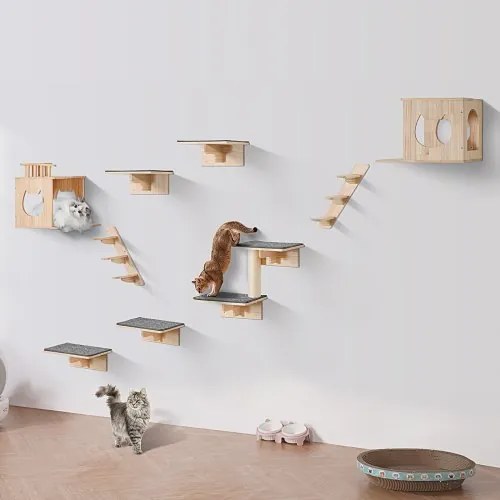 VEVOR Wandgemonteerde Kattenplanken, Kattenwandplanken en Zitstokken met Springplatformen, Kattenbedden, Hangmatten en Krabpalen, Kattenmeubels en Planken tot 18 kg voor Slapen, Spelen, Klimmen, Set van 9