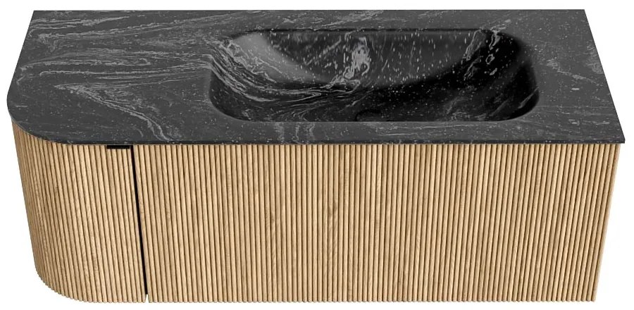 Mondiaz Kurve-dlux 115cm badmeubel ronding links oak met 1 lade en deur en wastafel big small kraangat rechts lava