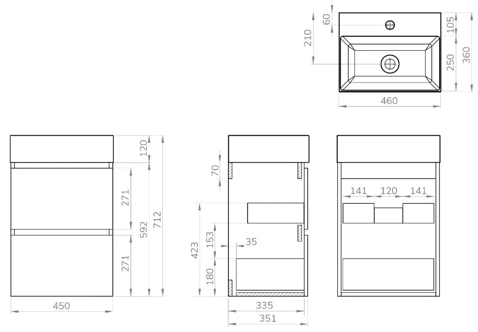 Mueller Minus badmeubel 45cm mat zwart met glans witte wastafel