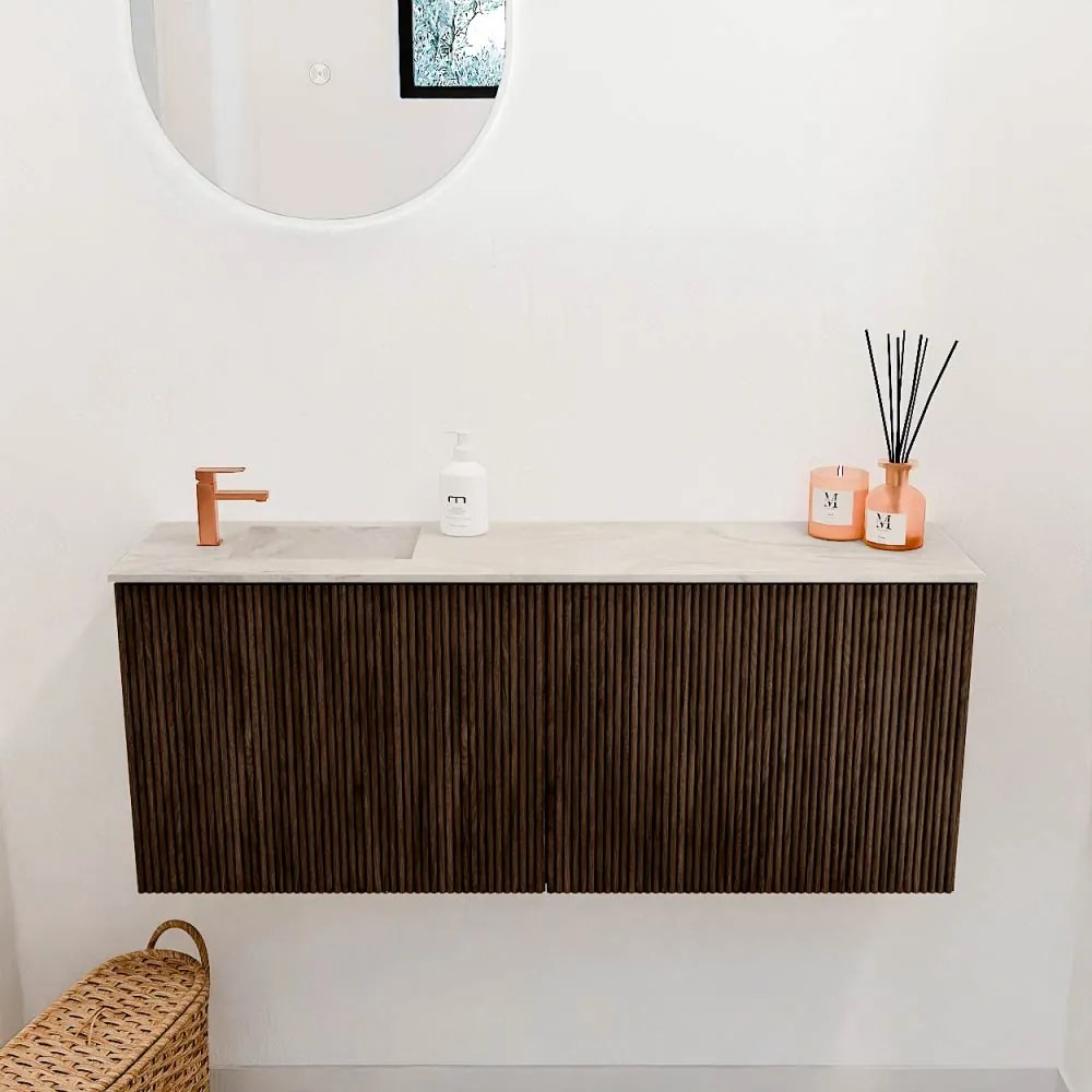 Mondiaz Joya DLux 100cm toiletmeubel walnut met wastafel faye links 1 kraangat ostra