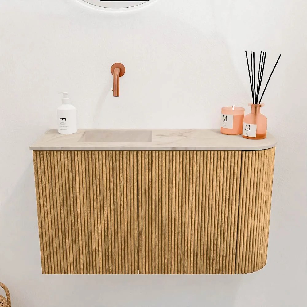 Mondiaz Joya DLux 70cm toiletmeubel ronding rechts oak met wastafel faye links zonder kraangat frappe