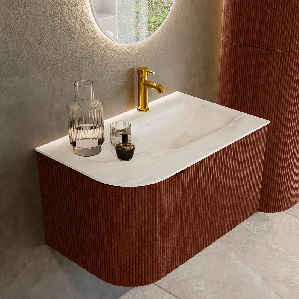 Mondiaz Kurve-dlux 75cm badmeubel ronding links ruby met 1 lade en deur en wastafel grunne kraangat rechts ostra